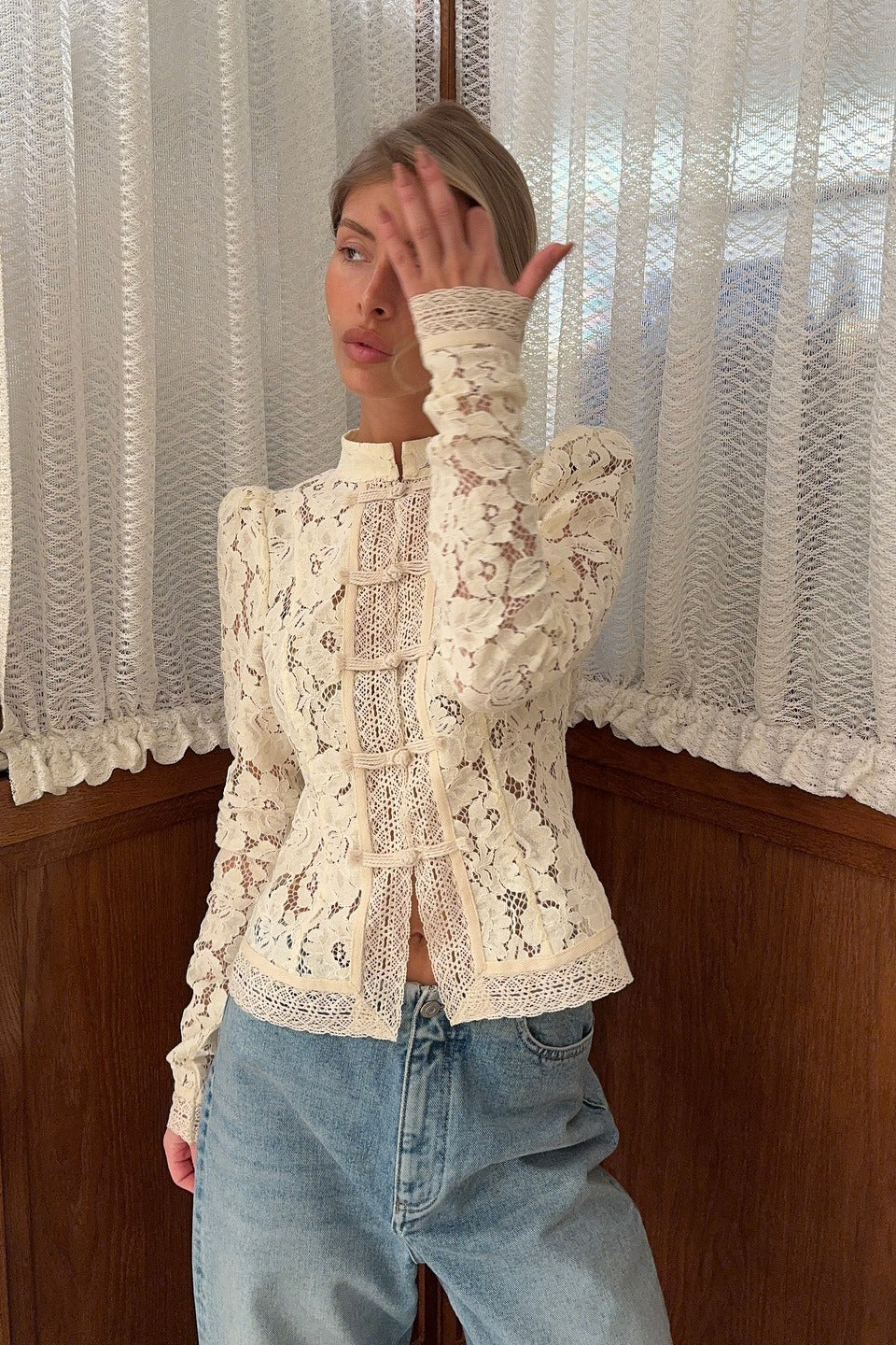 Blouse Women - Floral Lace Blouse with Mandarin Collar