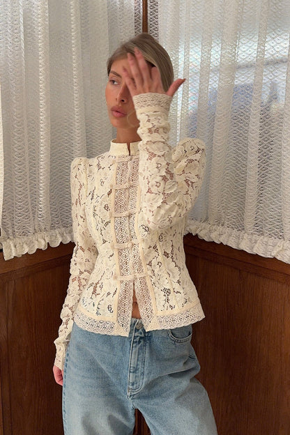 Blouse Women - Floral Lace Blouse with Mandarin Collar