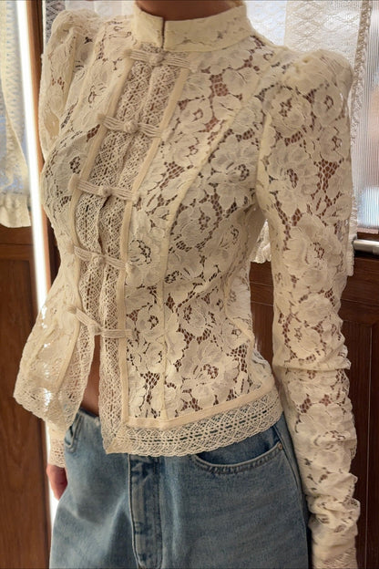Blouse Women - Floral Lace Blouse with Mandarin Collar