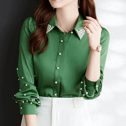 Blouse Women - Pearl-Embellished with High-Low Hem