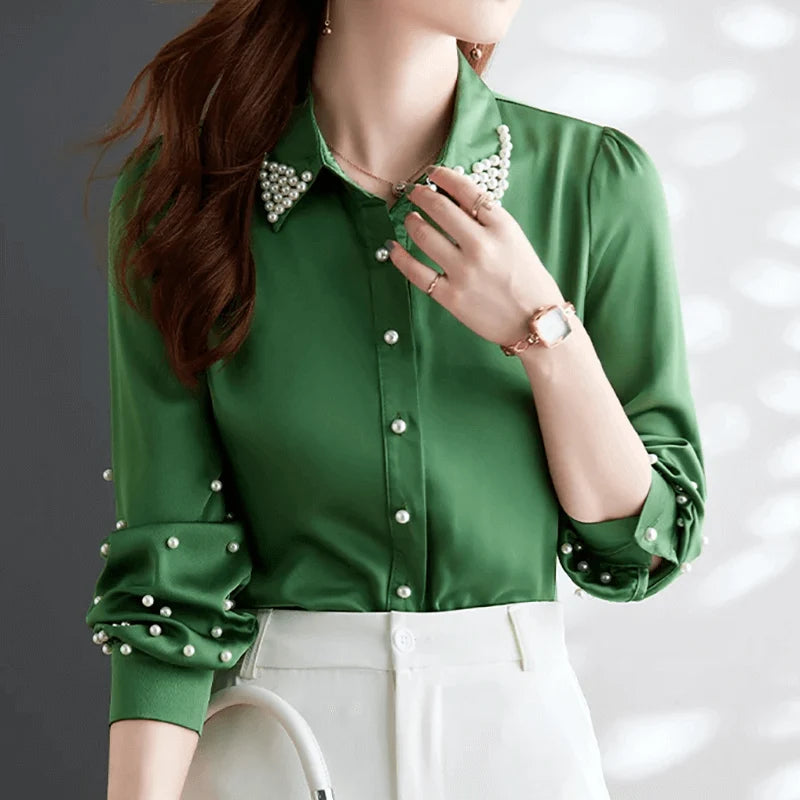 Blouse Women - Pearl-Embellished with High-Low Hem