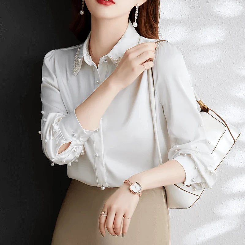 Blouse Women - Pearl-Embellished with High-Low Hem