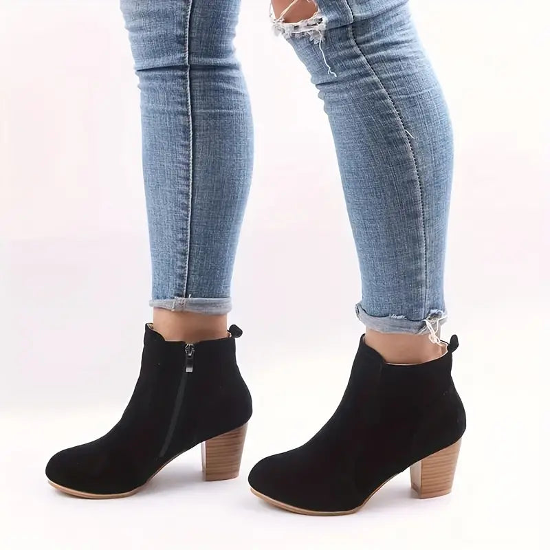 Boots Women - Block Heel Ankle Boots with Side Zip