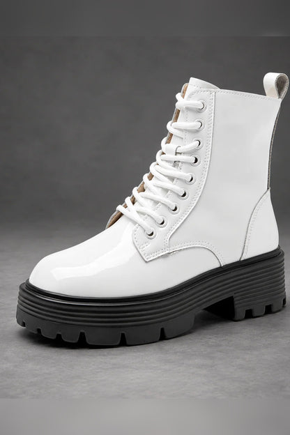Boots Women - Glossy Patent Platform Combat Boots with Side Zip