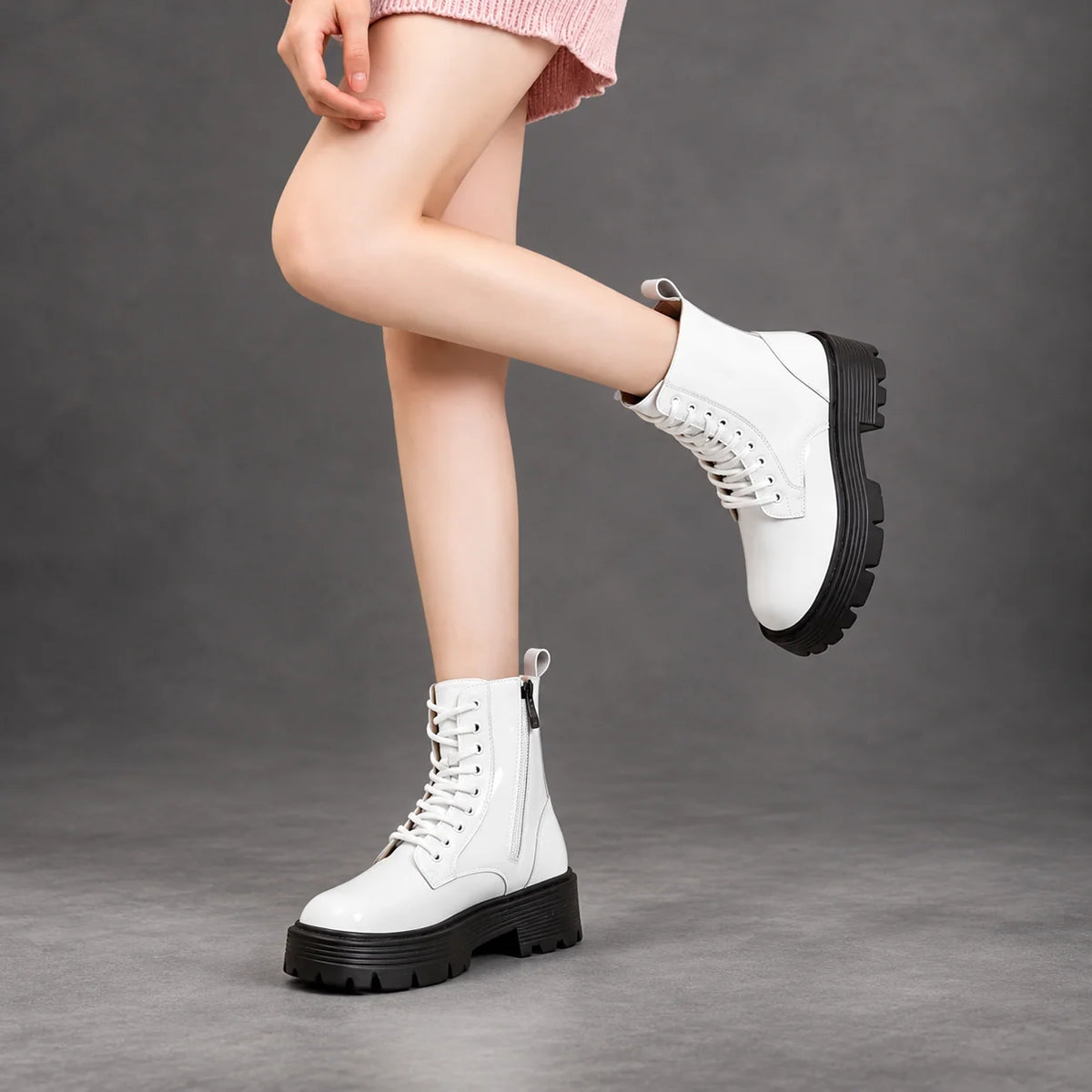 Boots Women - Glossy Patent Platform Combat Boots with Side Zip