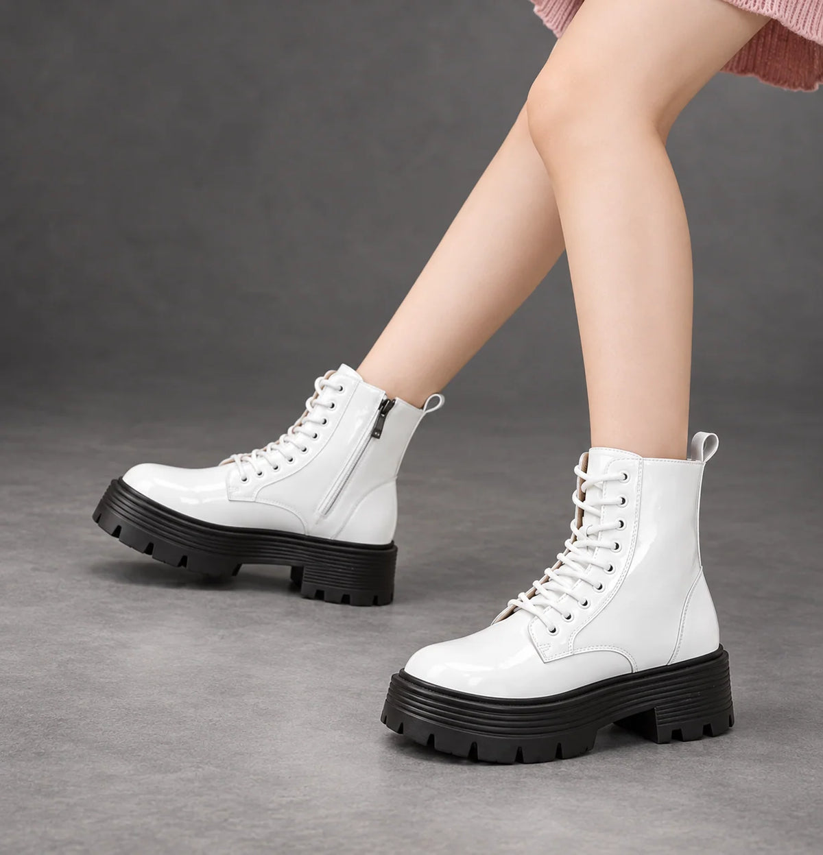 Boots Women - Glossy Patent Platform Combat Boots with Side Zip