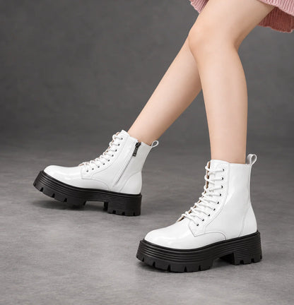 Boots Women - Glossy Patent Platform Combat Boots with Side Zip