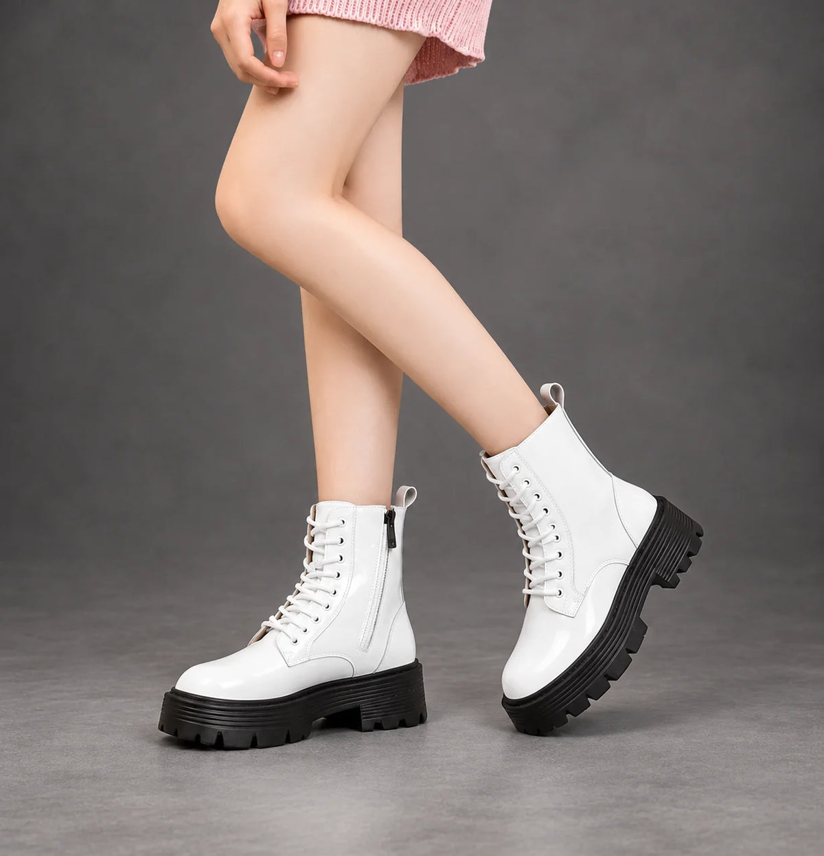 Boots Women - Glossy Patent Platform Combat Boots with Side Zip