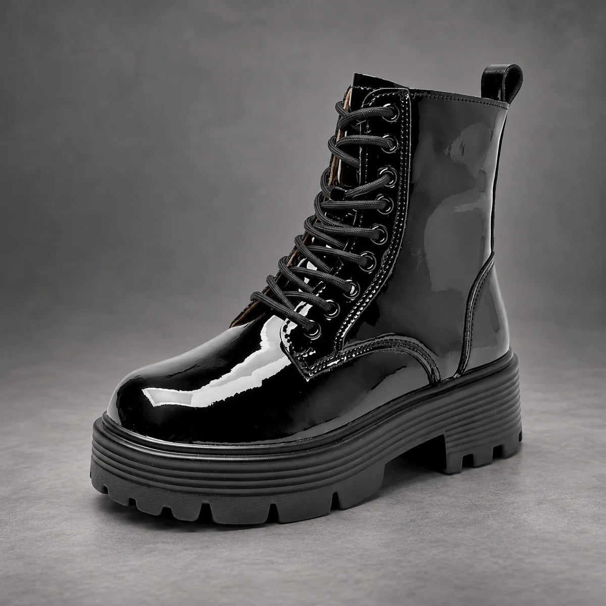 Boots Women - Glossy Patent Platform Combat Boots with Side Zip