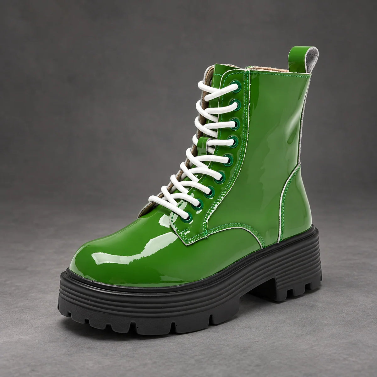 Boots Women - Glossy Patent Platform Combat Boots with Side Zip