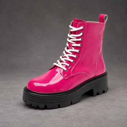 Boots Women - Glossy Patent Platform Combat Boots with Side Zip