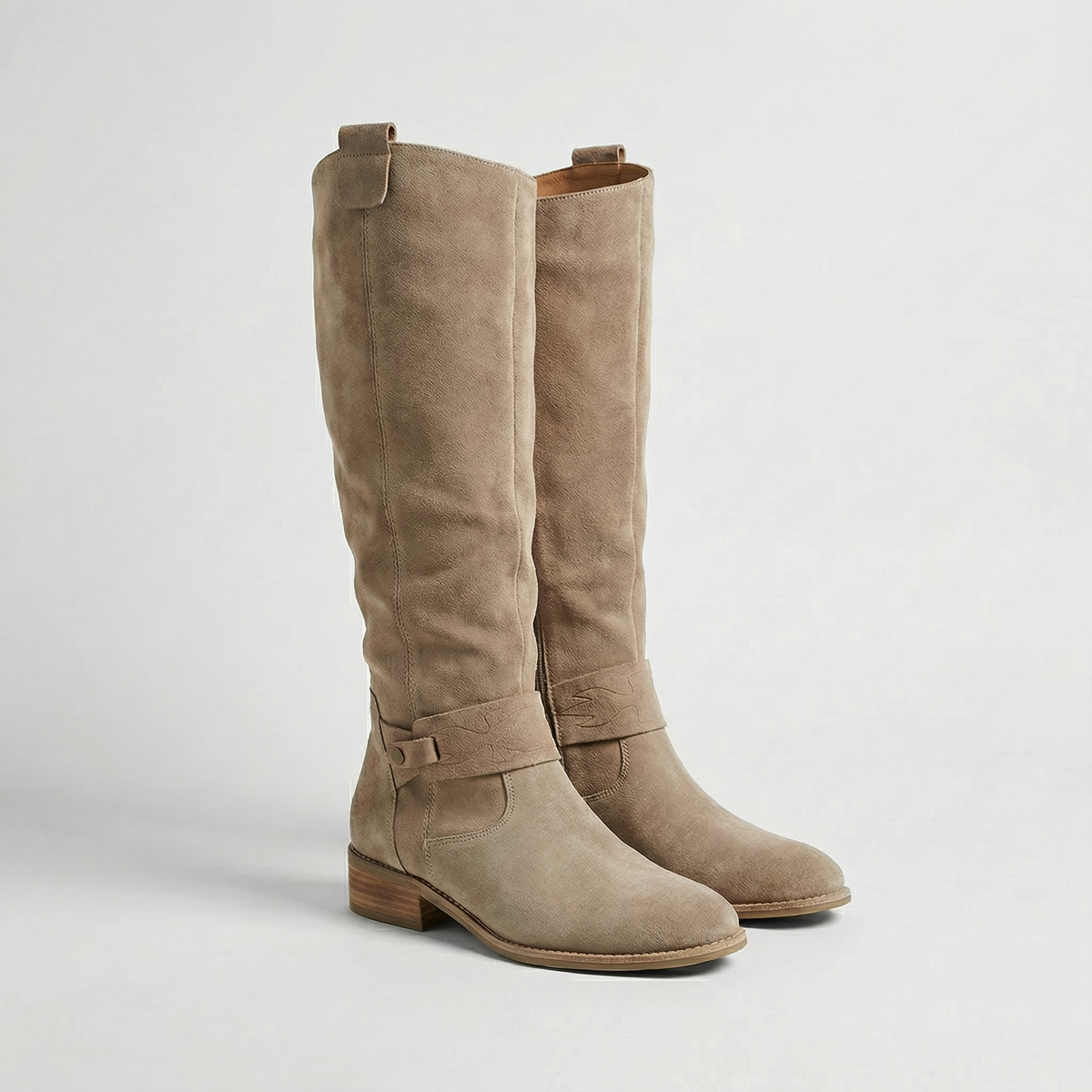 Boots Women - Knee High Slouch Boots with Buckle Strap and Low Heel