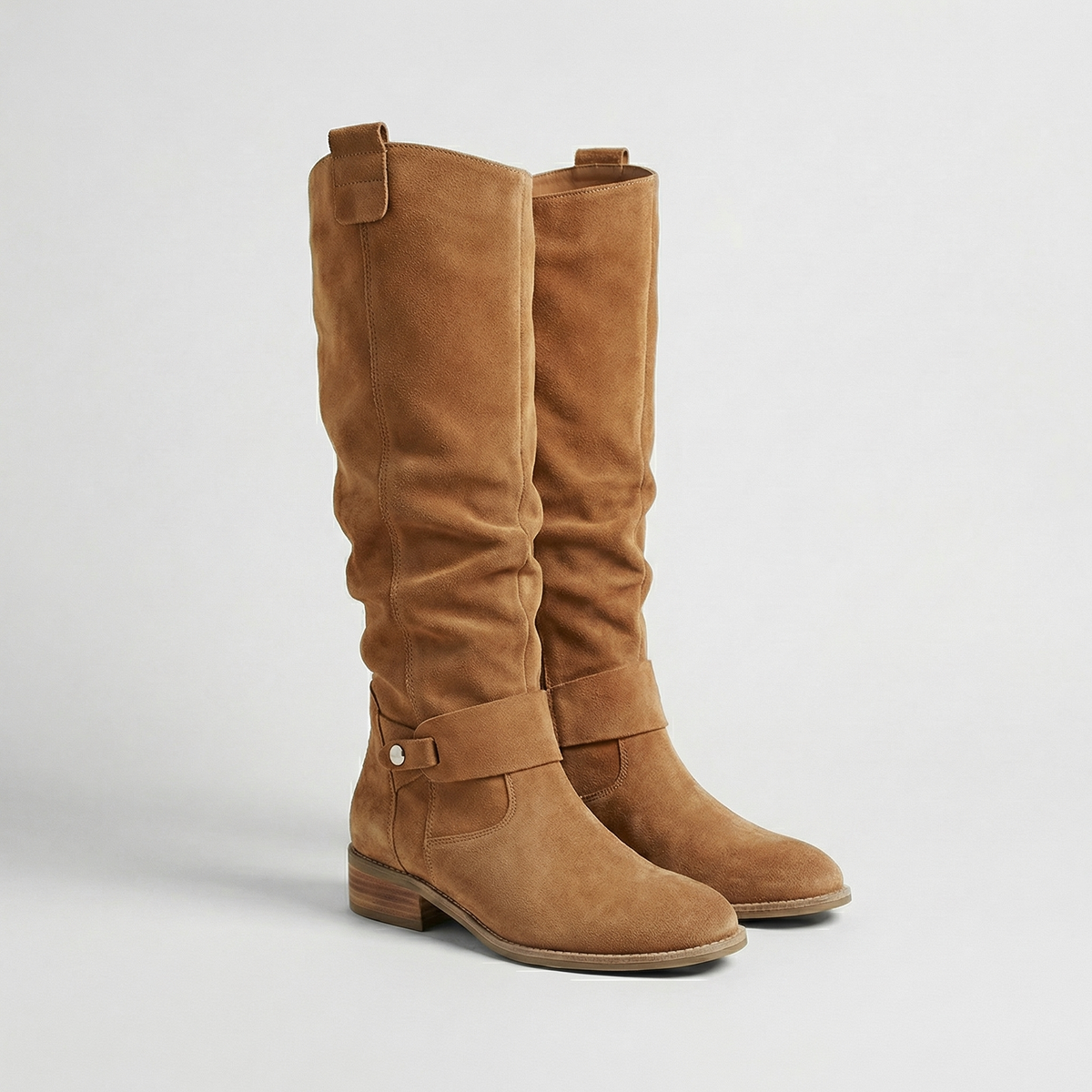 Boots Women - Knee High Slouch Boots with Buckle Strap and Low Heel