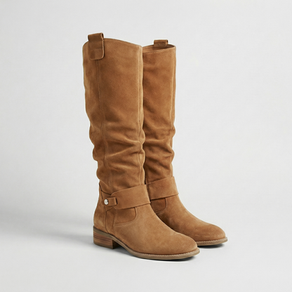 Boots Women - Knee High Slouch Boots with Buckle Strap and Low Heel