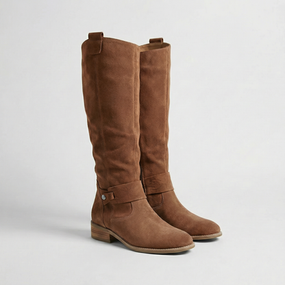 Boots Women - Knee High Slouch Boots with Buckle Strap and Low Heel
