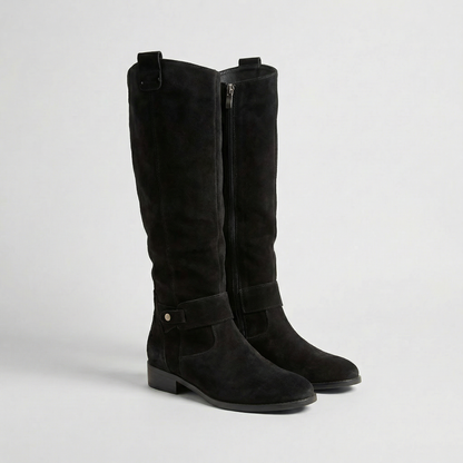 Boots Women - Knee High Slouch Boots with Buckle Strap and Low Heel