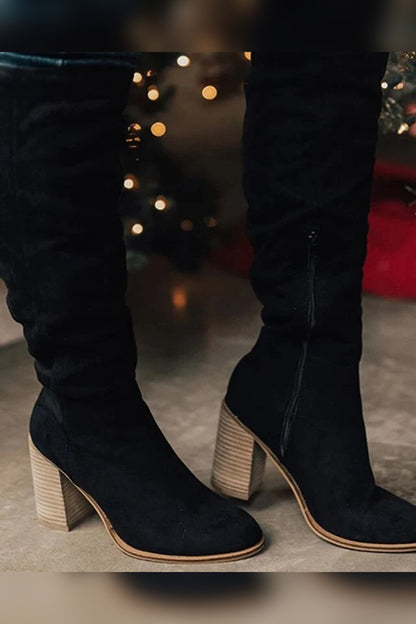 Boots Women - Knee-High Slouchy Boots with Block Heel and Zip