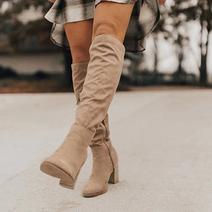Boots Women - Knee-High Slouchy Boots with Block Heel and Zip
