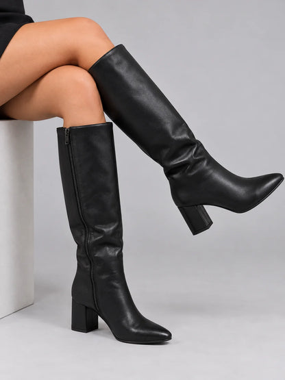 Boots Women - Leather Look Pointed Toe Knee High