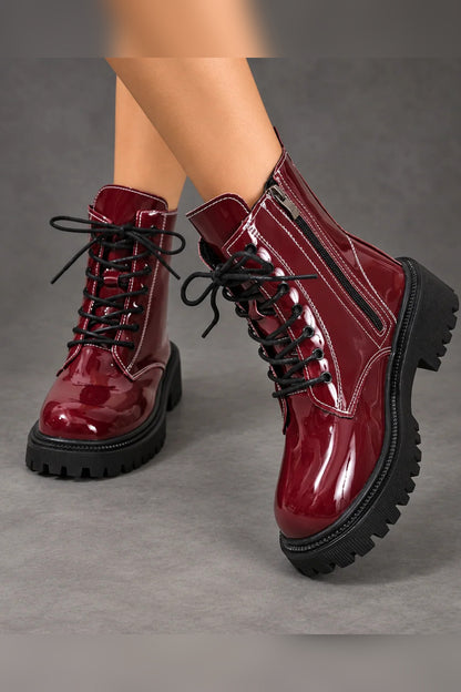 Boots Women - Patent Lace-Up Ankle Boots with Block Heel