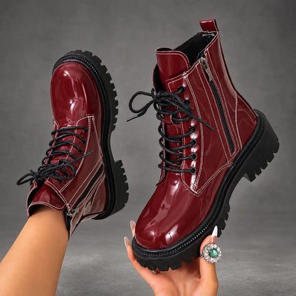 Boots Women - Patent Lace-Up Ankle Boots with Block Heel