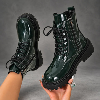 Boots Women - Patent Lace-Up Ankle Boots with Block Heel