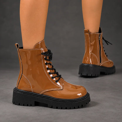 Boots Women - Patent Lace-Up Ankle Boots with Block Heel