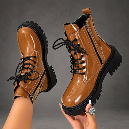 Boots Women - Patent Lace-Up Ankle Boots with Block Heel
