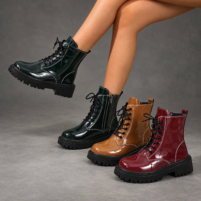 Boots Women - Patent Lace-Up Ankle Boots with Block Heel