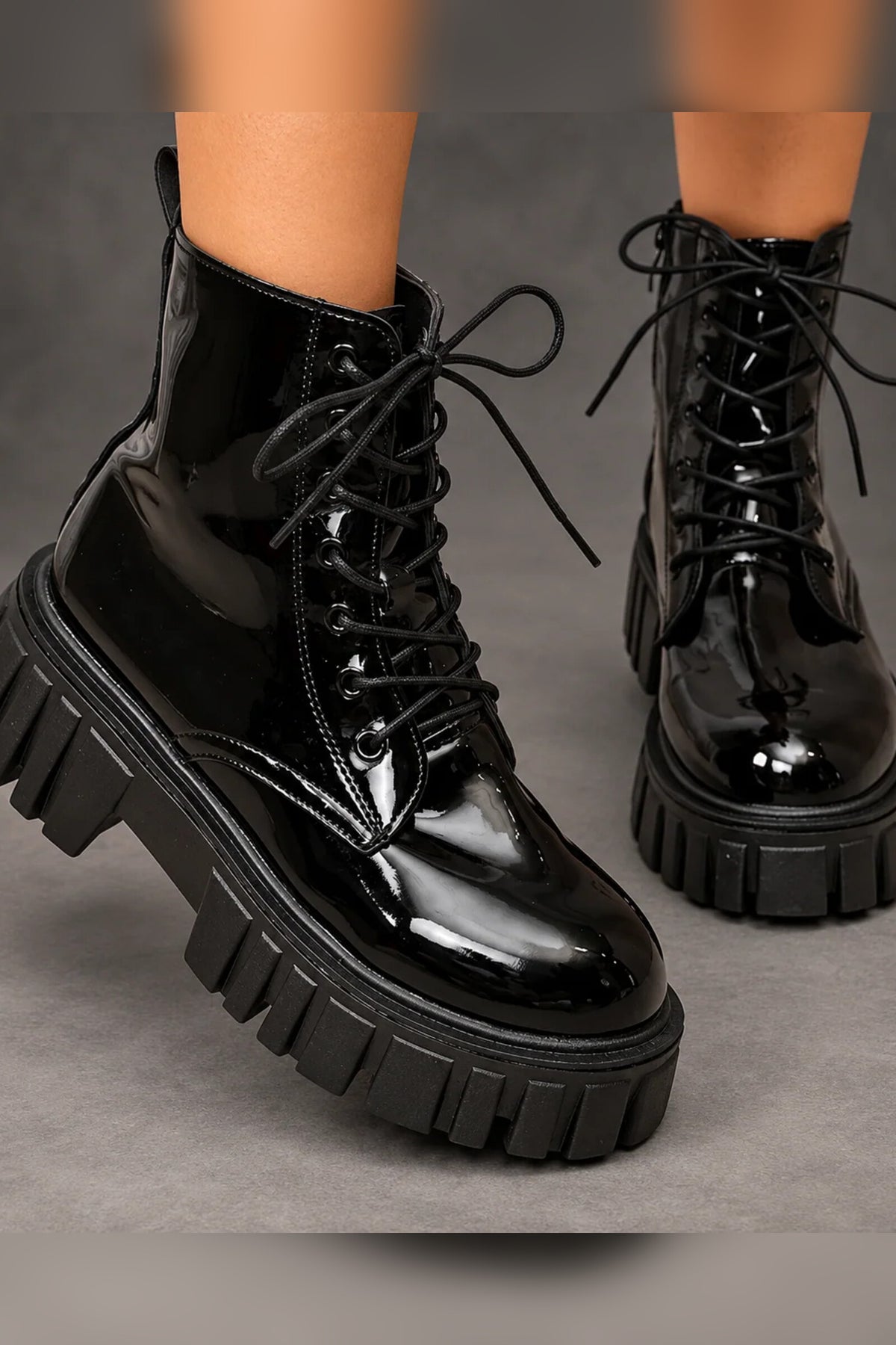 Boots Women - Patent Platform Ankle Boots with Lace-Up