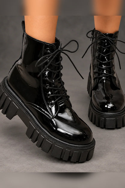 Boots Women - Patent Platform Ankle Boots with Lace-Up