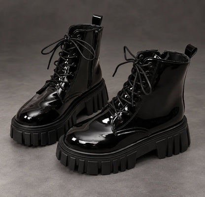Boots Women - Patent Platform Ankle Boots with Lace-Up