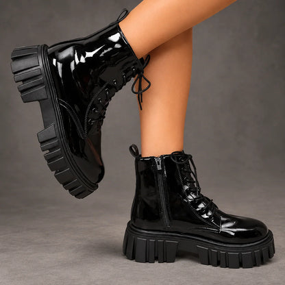 Boots Women - Patent Platform Ankle Boots with Lace-Up
