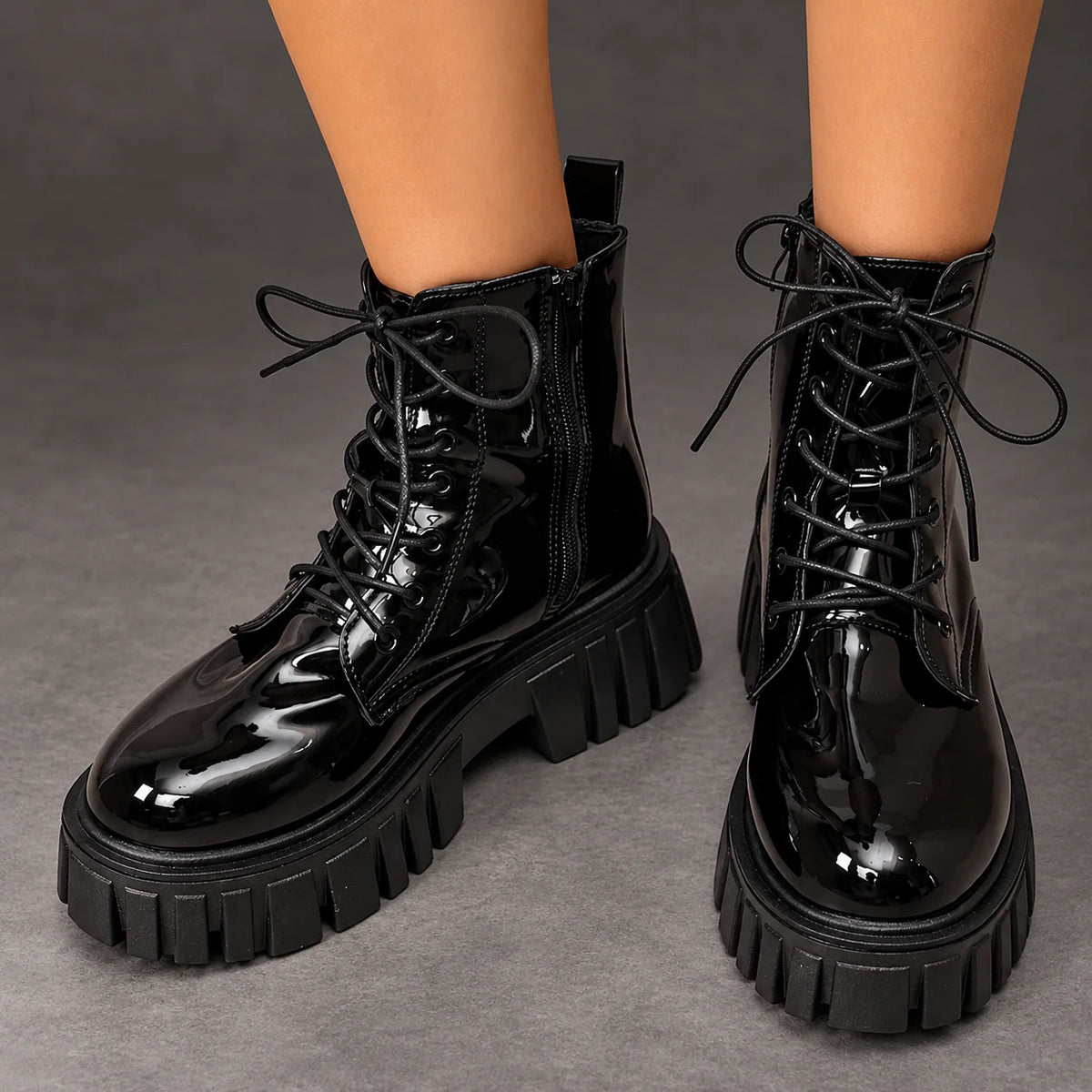 Boots Women - Patent Platform Ankle Boots with Lace-Up