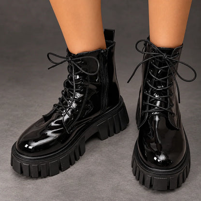 Boots Women - Patent Platform Ankle Boots with Lace-Up