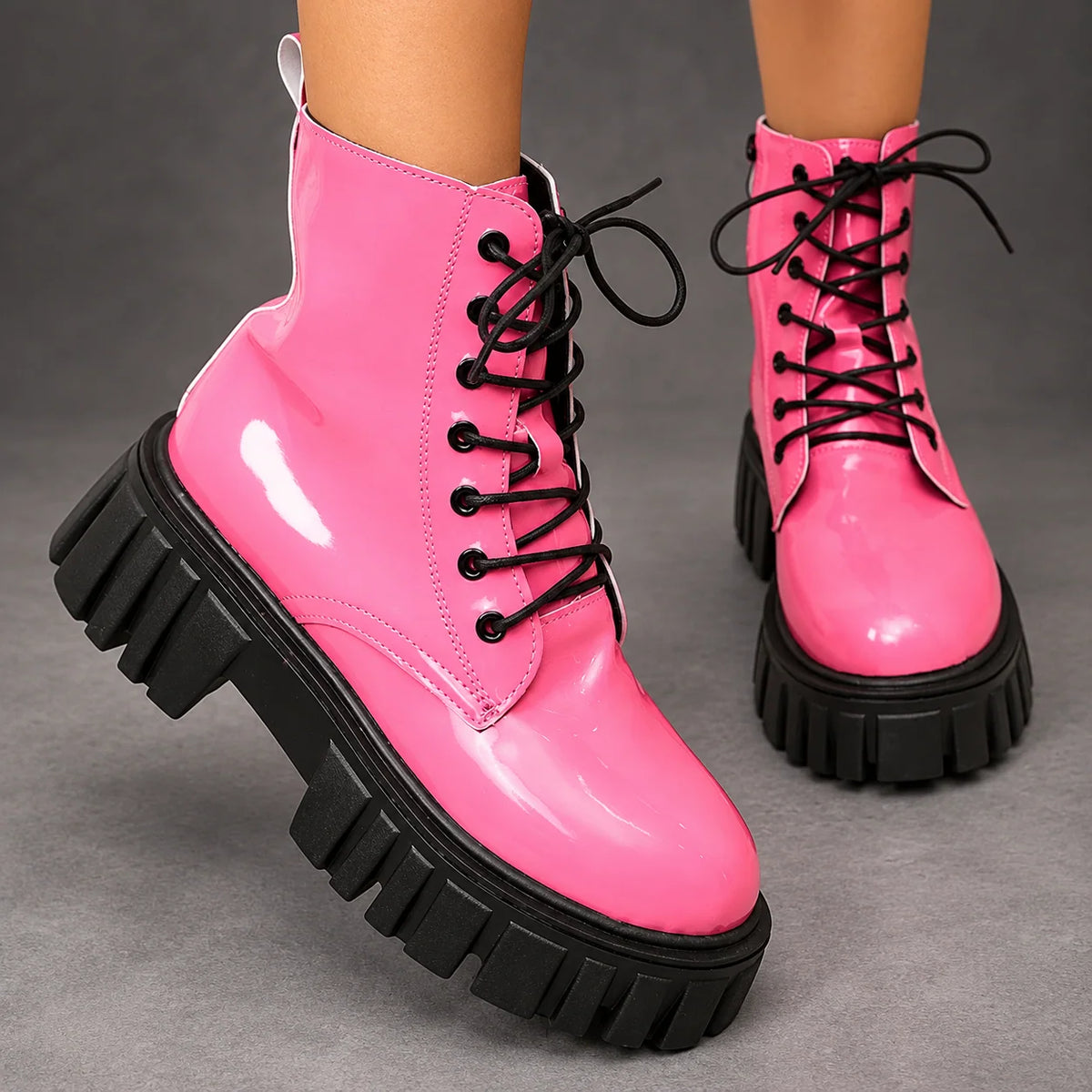 Boots Women - Patent Platform Ankle Boots with Lace-Up