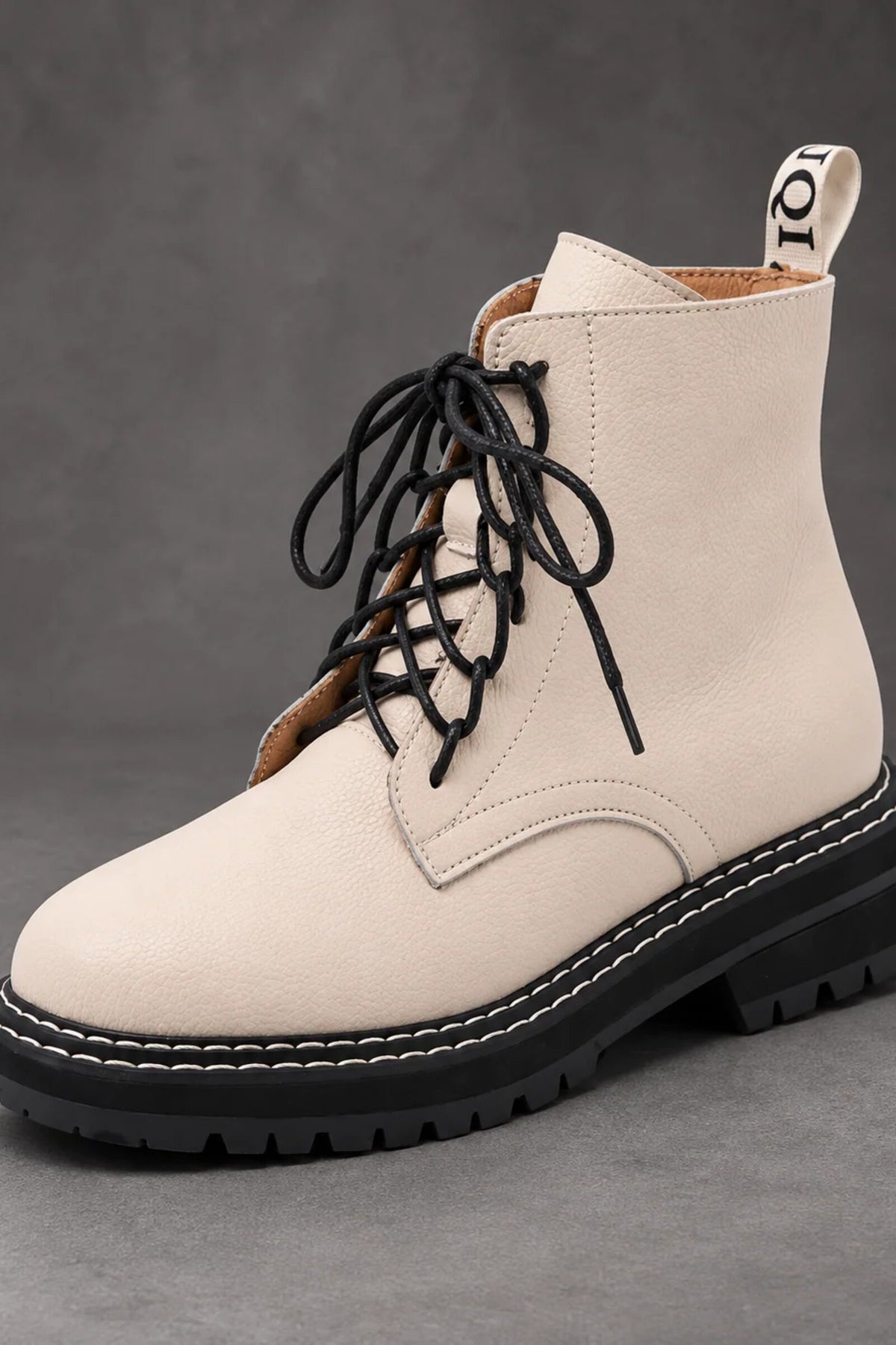 Boots Women - Pebbled Lace-Up with Side Zip and Chunky Lug Sole