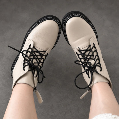 Boots Women - Pebbled Lace-Up with Side Zip and Chunky Lug Sole