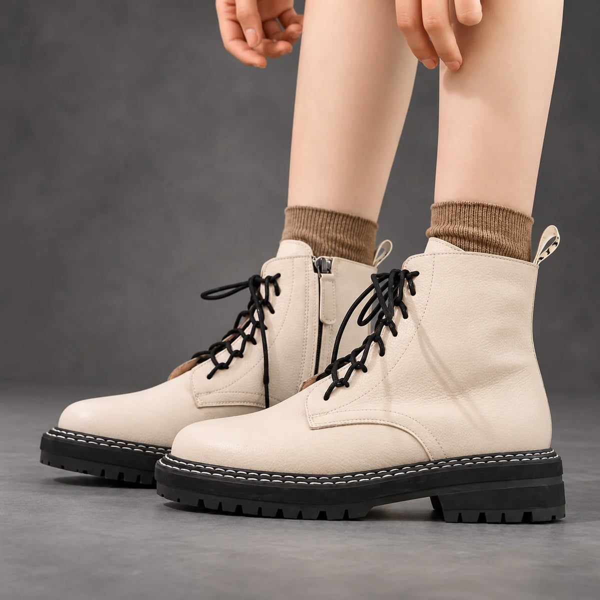 Boots Women - Pebbled Lace-Up with Side Zip and Chunky Lug Sole