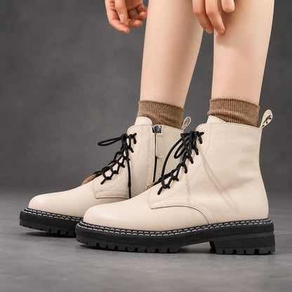 Boots Women - Pebbled Lace-Up with Side Zip and Chunky Lug Sole