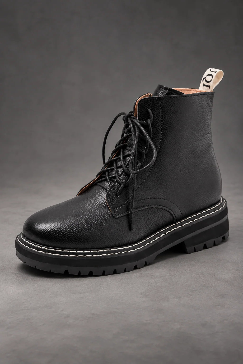 Boots Women - Pebbled Lace-Up with Side Zip and Chunky Lug Sole
