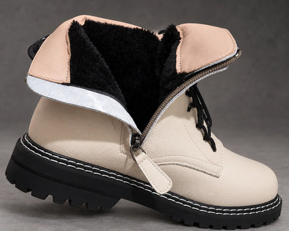 Boots Women - Pebbled Lace-Up with Side Zip and Chunky Lug Sole