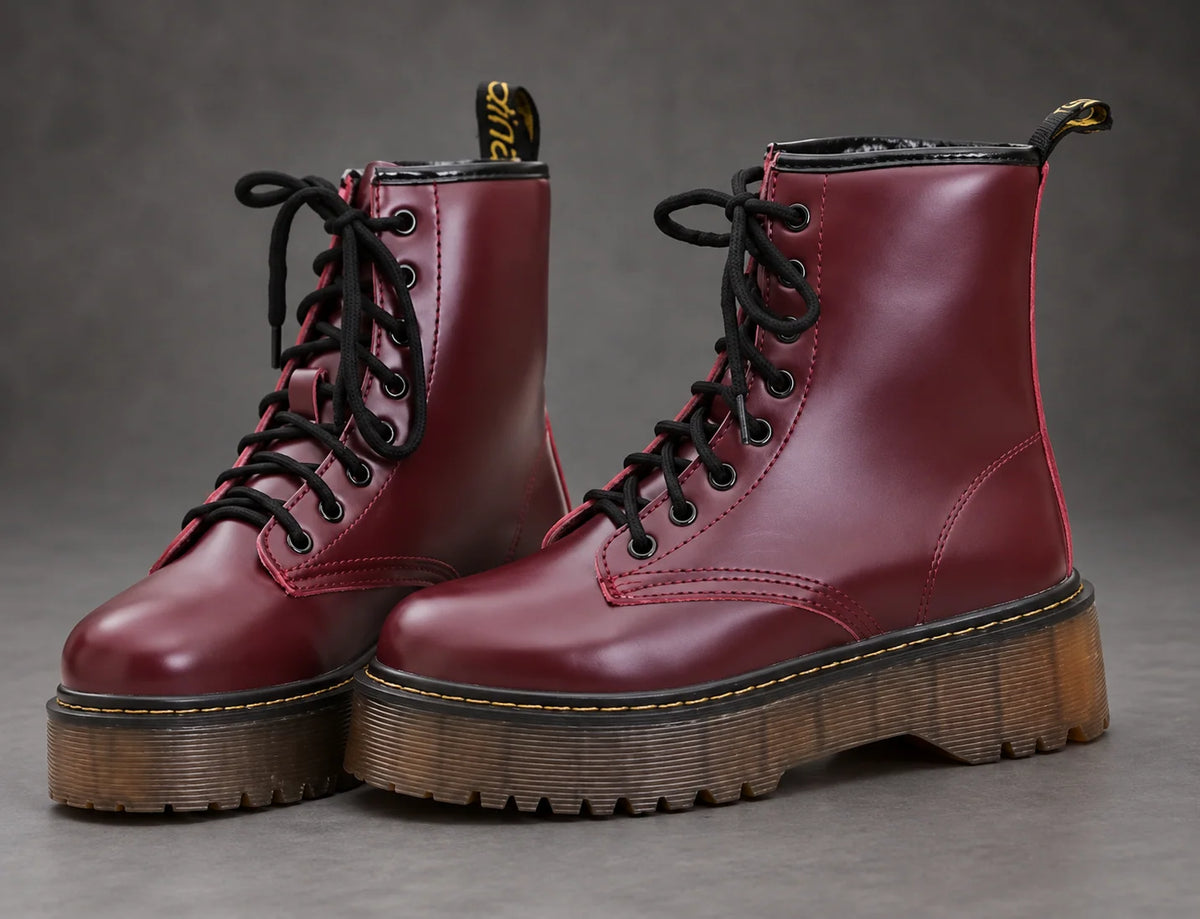 Boots Women - Platform Combat Boots with Lace-Up Front and Side Zip