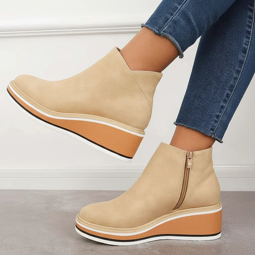 Boots Women - Wedge Ankle Boots with Side Zip and Platform Sole