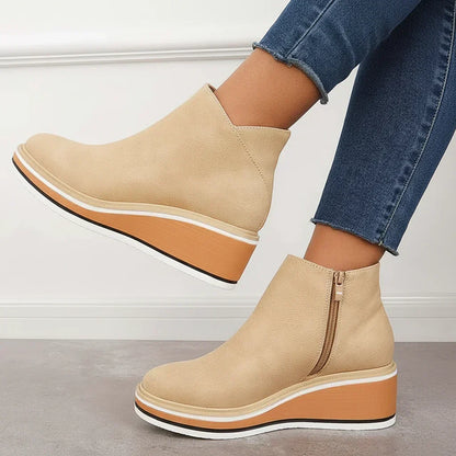 Boots Women - Wedge Ankle Boots with Side Zip and Platform Sole