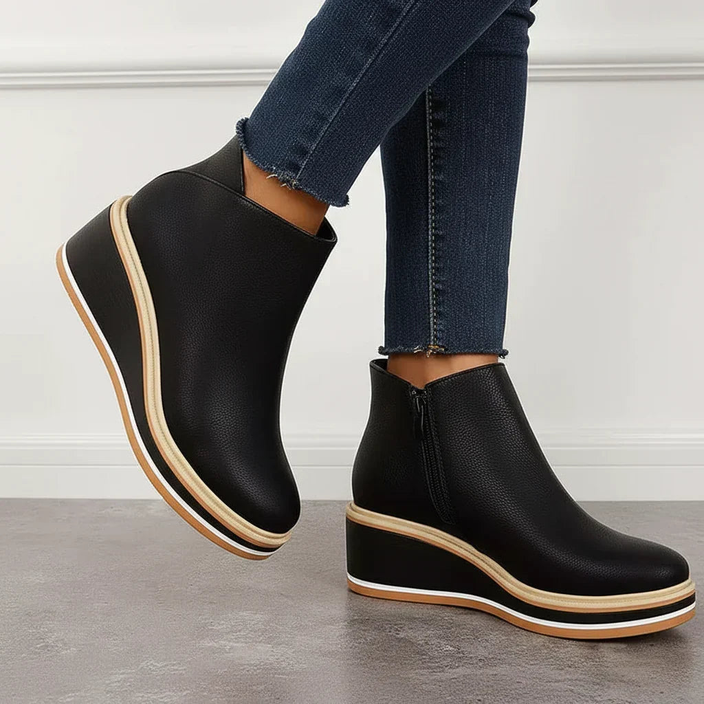 Boots Women - Wedge Ankle Boots with Side Zip and Platform Sole