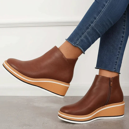 Boots Women - Wedge Ankle Boots with Side Zip and Platform Sole