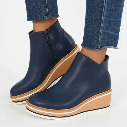 Boots Women - Wedge Ankle Boots with Side Zip and Platform Sole