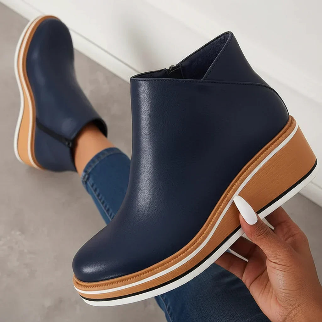 Boots Women - Wedge Ankle Boots with Side Zip and Platform Sole