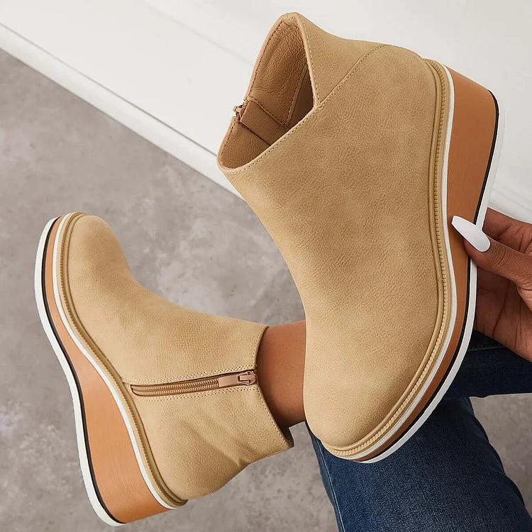 Boots Women - Wedge Ankle Boots with Side Zip and Platform Sole